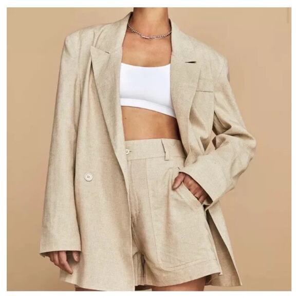 Carbon38 Women linen blend oversized blazer jacket XL Oatmeal Minimalist Neutral